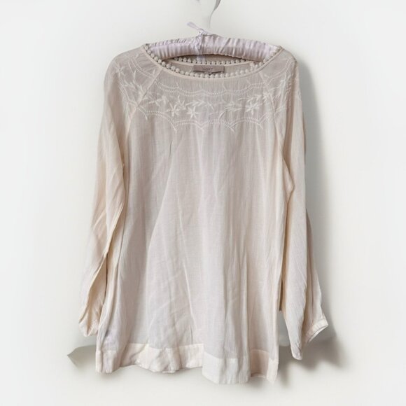 LOFT Size Medium Embroidered Floral Neckline Long Sleeve Rayon Off White Blouse - Picture 2 of 9